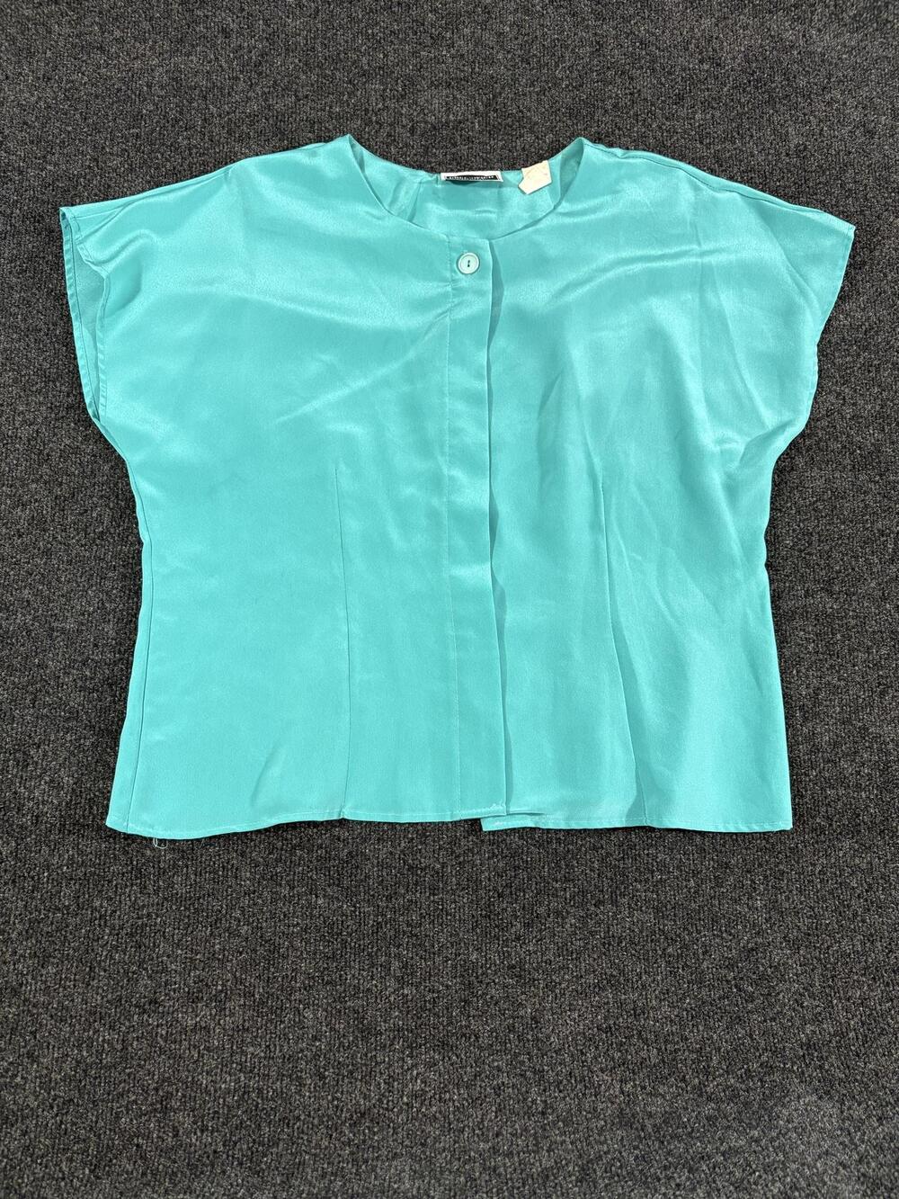 Vintage Greenwich Square Blouse Womens Blue Satin Dolman Short Sleeve Button